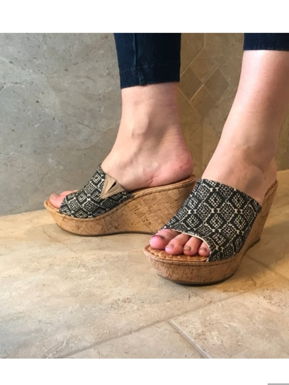 Born Cork Wedge Geo Print Sandals
